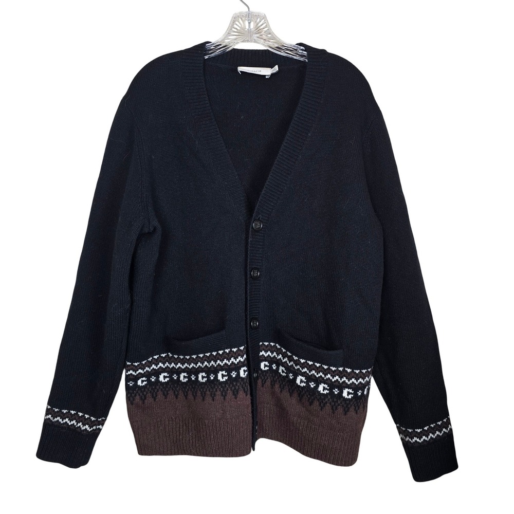 Coach Fair Isle Oversized Cardigan Wool Alpaca Blend Signature 'C' Black Brown S
